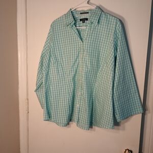 Lands End Women's Blue Plaid  18W 3/4 Sleeve No Iron Pinpoint Oxford NWOT